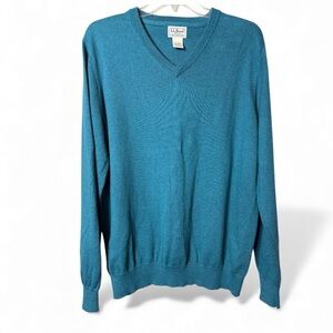 LL Bean Mens V Neck Sweater Size M Blue Green Holiday Cozy Cashmere Cotton Blend